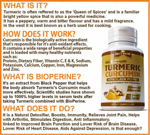 TURMERIC 95% CURCUMIN EXTRACT BLACK PEPPER (BioPerine) CAPSULES - Image 3